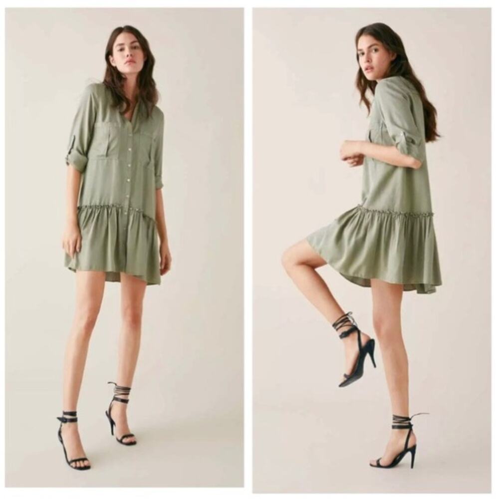 Zara Army Green Babydoll Ruffle Button Oversized Mini Dress XS Lightweight Beach